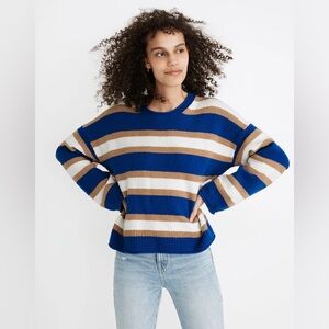 Classic Blue and Tan Striped Women's Crewneck Sweater